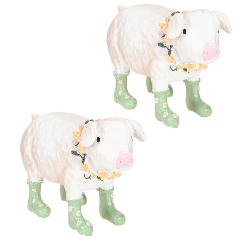 Article Cochon décoratif avec bottes en caoutchouc – Figurine de ferme amusante avec couronne de fleurs 15,5 cm 2 pièces
