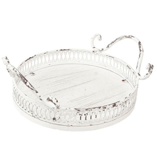 Floristik24 Plateau décoratif métal blanc anse shabby chic Ø20cm H8cm