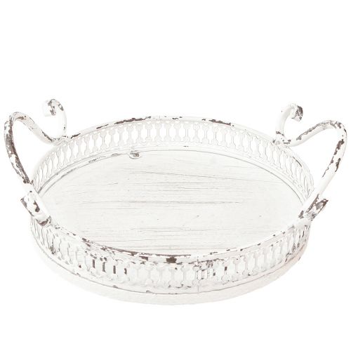 Floristik24 Plateau décoratif métal blanc anse shabby chic Ø20cm H8cm