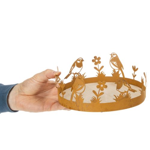 Plateau décoratif, décoration de table avec oiseaux, décoration printanière, métal rouillé, Ø 20 cm H 8,5 cm | Floristik24.be