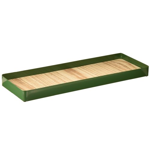 Plateau décoratif rectangulaire en métal vert avec base en bois 41×14cm