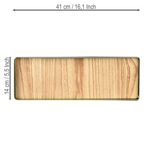 Article Plateau décoratif rectangulaire en métal vert avec base en bois 41×14cm