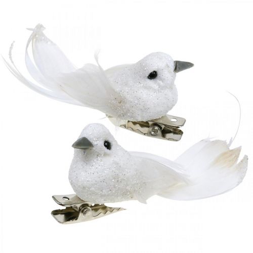 Article Déco paire de colombes Déco oiseaux avec clip blanc L5cm 4pcs
