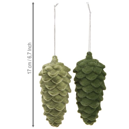 Article Suspension décorative en forme de cône, pommes de pin vertes floquées, 11,5 cm, 6 pièces