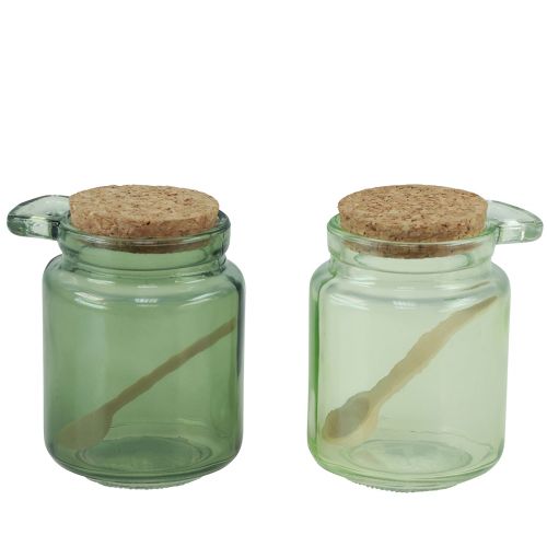 Article Verre décoratif avec couvercle en liège et cuillère vert Ø7cm H10cm 2pcs