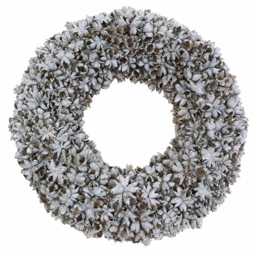 Couronne décorative anis étoilé avec paillettes lavé blanc Ø20cm
