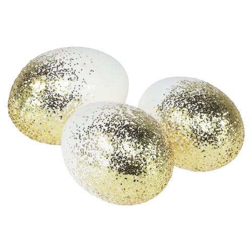 Article Oeufs de Pâques décoratifs véritable œuf d&#39;oie blanc avec paillettes dorées H7,5–8,5 cm 10pcs