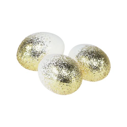 Article Oeufs de Pâques décoratifs véritable œuf de poule blanc avec paillettes dorées H5,5–6 cm 10pcs