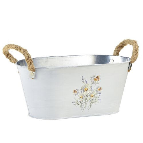 Bol décoratif ovale en métal blanc décor fleurs naturelles L26cm