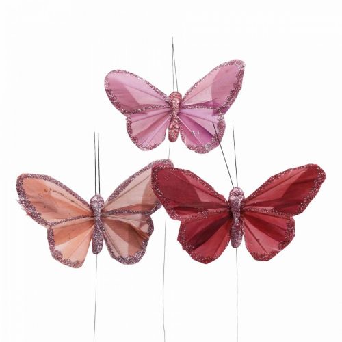 Papillon déco sur fil plume papillon rose 10×6cm 12pcs-07825