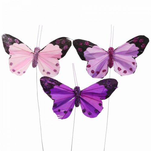 Papillon déco sur fil de plume papillons violet/rose 9.5cm  12pcs-07839