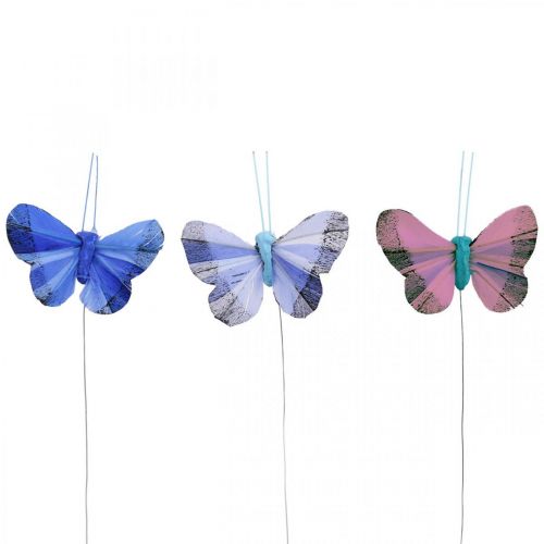Article Papillons décoratifs plume papillon rose, bleu 6cm 24 pcs