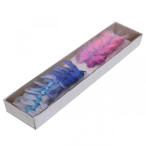 Article Papillons décoratifs plume papillon rose, bleu 6cm 24 pcs