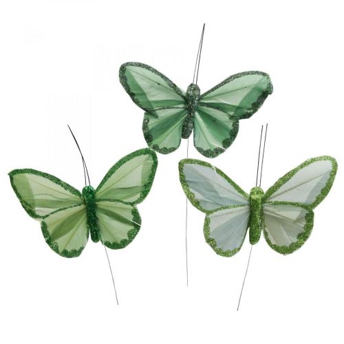 Article Papillons déco papillons plumes vertes sur fil 10cm 12pcs