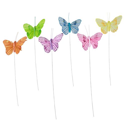 Papillons décoratifs sur fil plumes colorées 5,5×8cm  12pcs-16045
