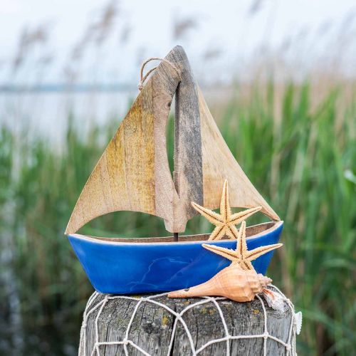 Article Déco voilier en bois de manguier, bateau en bois bleu H27,5cm