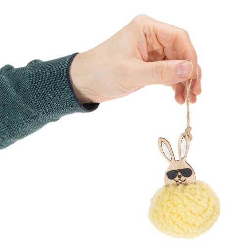 Article Décoration de Pâques à suspendre, lapin duveteux, jaune, Ø7cm, lot de 6