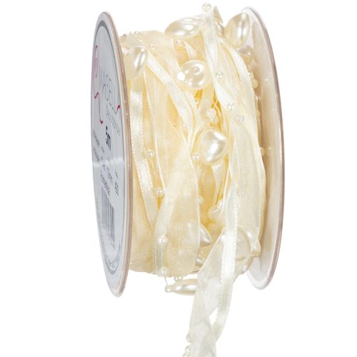 Floristik24 Ruban décoratif, crème, cœurs, perles, décoration de mariage, 10 mm, 5 m