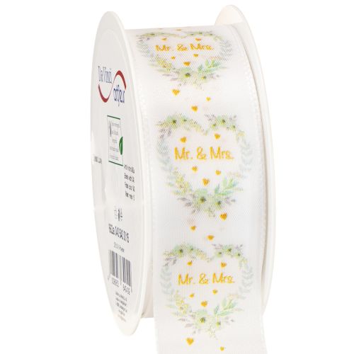 Ruban décoratif mariage satin blanc « Mr. &amp; Mrs. » 40 mm 15 m