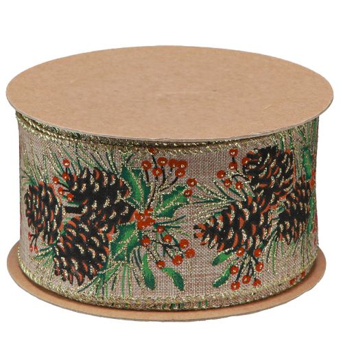 Article Ruban décoratif Cônes de Noël large ruban cadeau naturel 60mm 10m