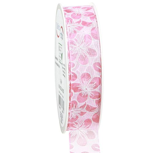Floristik24 Ruban décoratif avec fleurs ruban cadeau printemps rose 25mm 20m