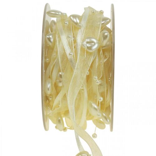 Floristik24 Ruban déco crème coeurs perles décoration mariage 10mm 5m