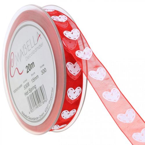 Floristik24 Ruban décoratif coeurs, décoration mariage, ruban Saint Valentin rouge, blanc 15mm 20m