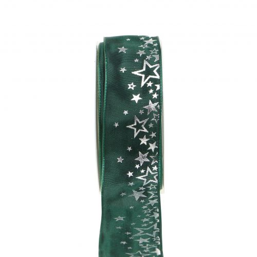 Floristik24 Ruban déco motif étoile vert-argent 40mm 25m