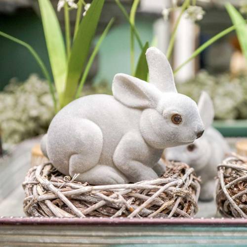 Floristik24 Figurine déco lapin gris, décoration printanière, lapin de Pâques assis floqué 3pcs