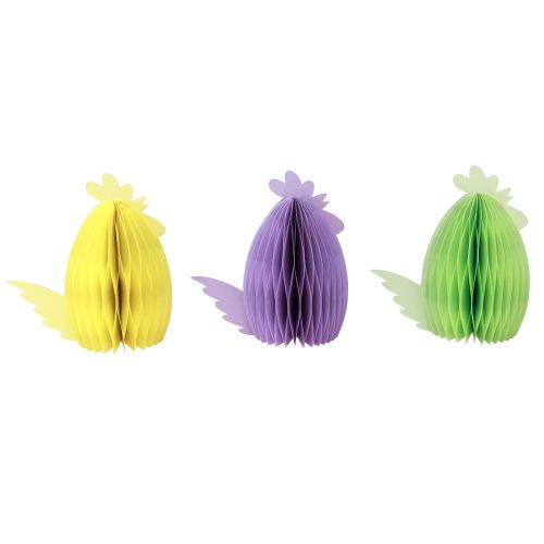 Article Figurines décoratives poulet en nid d&#39;abeille jaune vert violet 18,5x12x20cm 3pcs