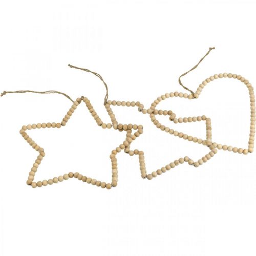 Article Suspension déco Noël perles en bois coeur arbre étoile H20cm 3pcs