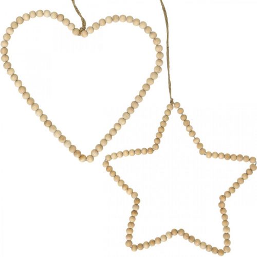 Article Suspension déco Noël perles en bois coeur arbre étoile H20cm 3pcs