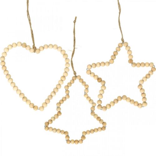 Suspension déco Noël perles en bois coeur arbre étoile H13cm 3pcs