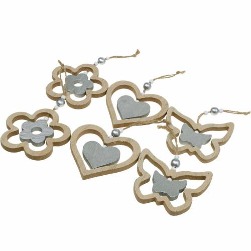 Floristik24 Support décoratif coeur fleur papillon naturel, décoration en bois argenté 6 pcs