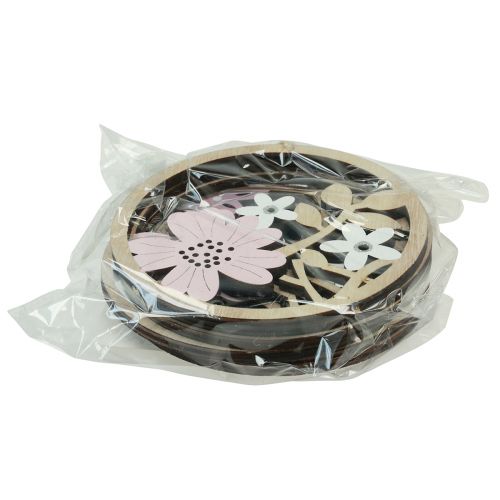 Article Support décoratif fleurs en bois naturel blanc violet pailleté Ø12cm 6 pcs