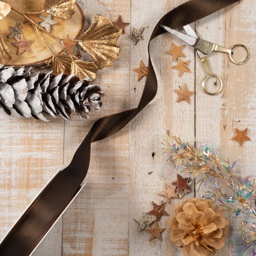 Ruban de taffetas marron en rouleau, polyvalent pour la décoration, 25 mm de large, 50 m de long | Floristik24.be