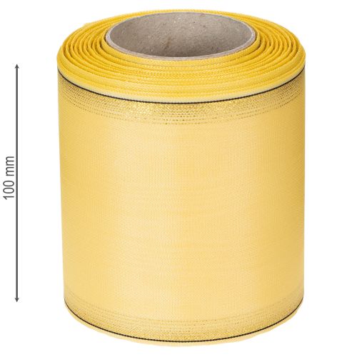 Article Ruban décoratif moiré jaune à bordure dorée, largeur 100 mm, longueur 25 m, pour la confection de couronnes, idéal pour l'art floral et la décoration.