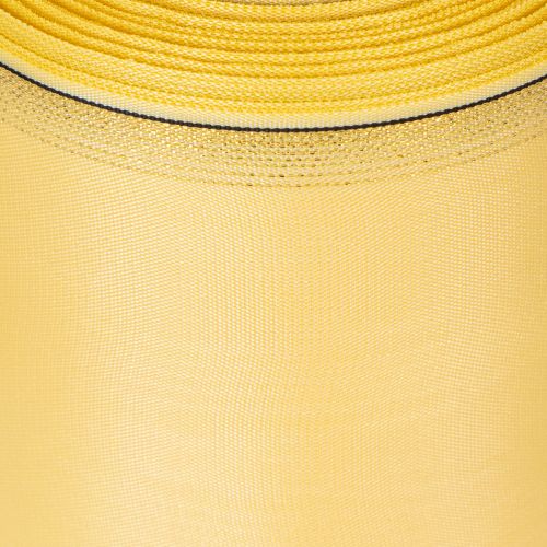 Article Ruban décoratif moiré jaune à bordure dorée, largeur 100 mm, longueur 25 m, pour la confection de couronnes, idéal pour l'art floral et la décoration.