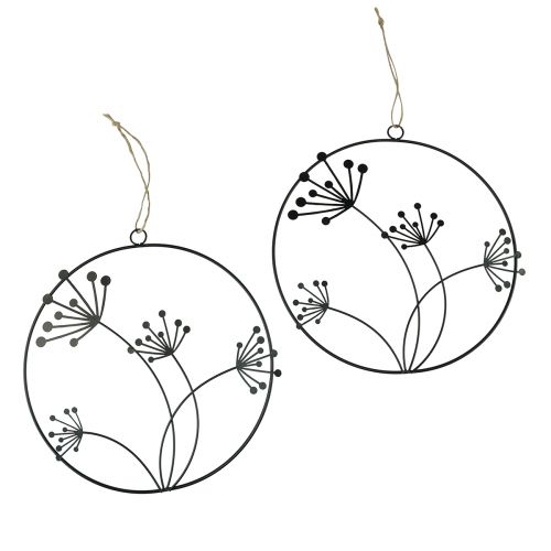 Article Anneau décoratif métal suspendu décoration fleurs noires Ø23cm 2 pièces