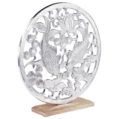 Article Bague décorative métal socle bois argent lotus décoration koi Ø32cm
