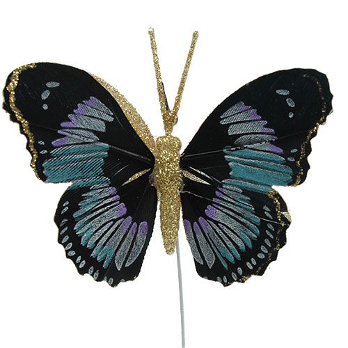 Article Papillon en plumes sur fil noir assot. 8cm 6P