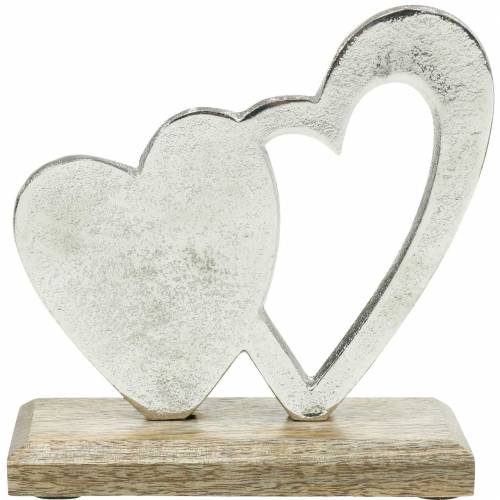 Floristik24 Coeur décoratif argenté, coeur métal sur bois de manguier, Saint Valentin, décoration de table double coeur