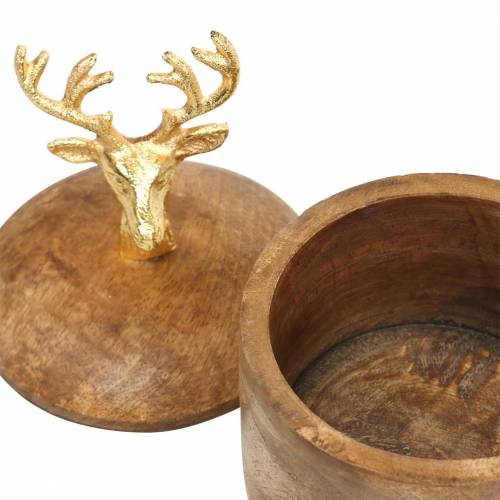 Floristik24 Boîte en bois de manguier avec tête de cerf doré Ø10cm H15cm