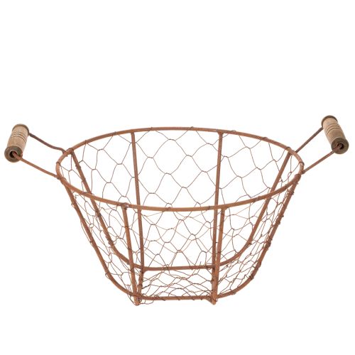 Panier rond vintage en fil de fer avec poignées en bois, finition rouille, Ø 22 cm | Floristik24.be