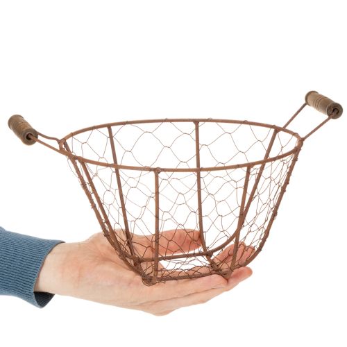 Panier rond vintage en fil de fer avec poignées en bois, finition rouille, Ø 22 cm | Floristik24.be