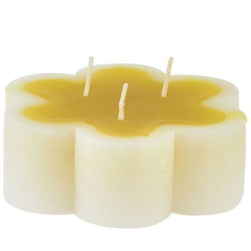 Article Bougie trois mèches bougie fleur décorative jaune blanc Ø11,5cm H4cm