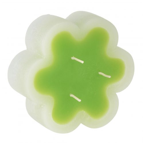 Article Bougie trois mèches vert blanc forme fleur Ø11,5cm H4cm