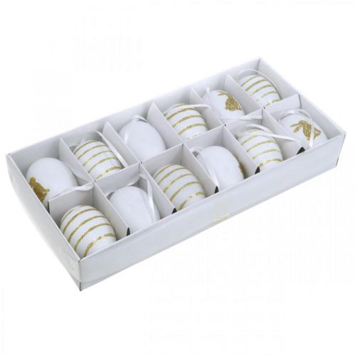 Article Oeufs de Pâques à suspendre blanc, or triés artificiellement H6cm 12pcs