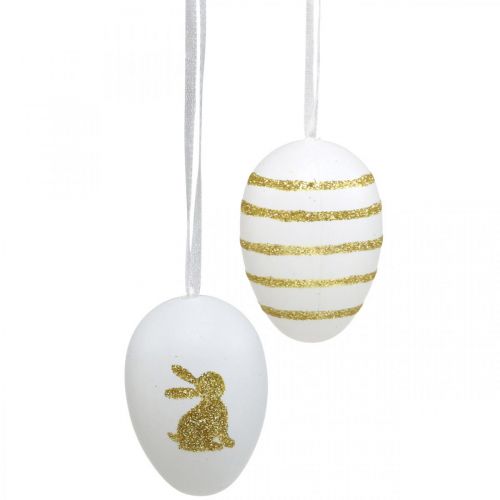 Oeufs de Pâques à suspendre blanc, or triés artificiellement H6cm 12pcs