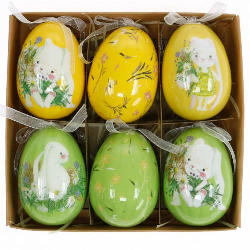 Floristik24 Bouquet de Pâques décoratif oeuf à suspendre jaune, vert assorti H7cm 6pcs